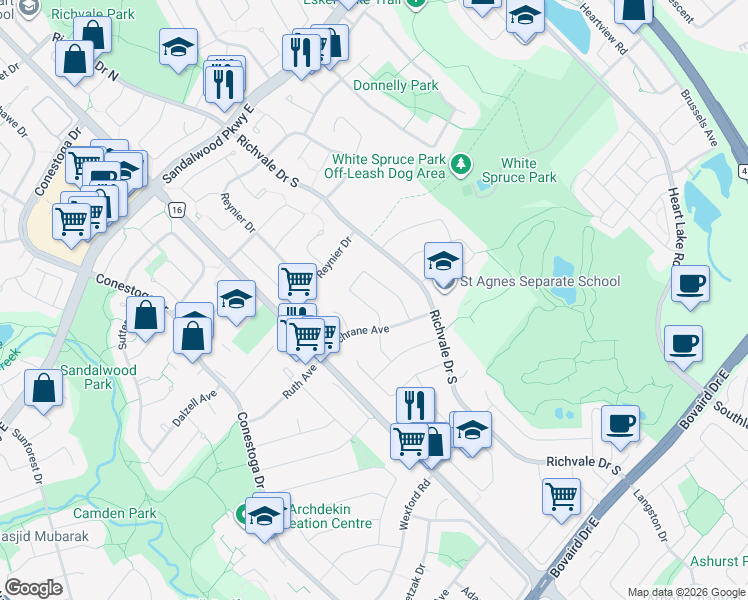 map of restaurants, bars, coffee shops, grocery stores, and more near 13 Allenhead Crescent in Brampton
