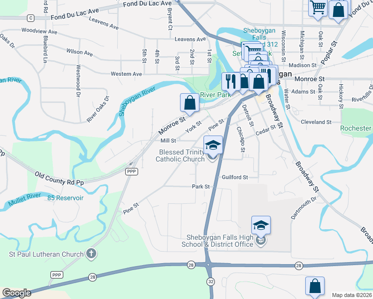 map of restaurants, bars, coffee shops, grocery stores, and more near 109 Mill Street in Sheboygan Falls