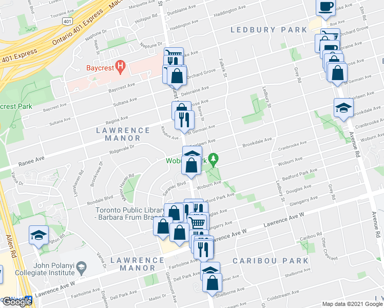 map of restaurants, bars, coffee shops, grocery stores, and more near 3311 Bathurst Street in Toronto