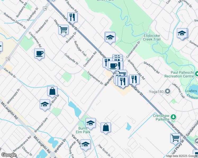 map of restaurants, bars, coffee shops, grocery stores, and more near 10 Bentgrass Lane in Brampton