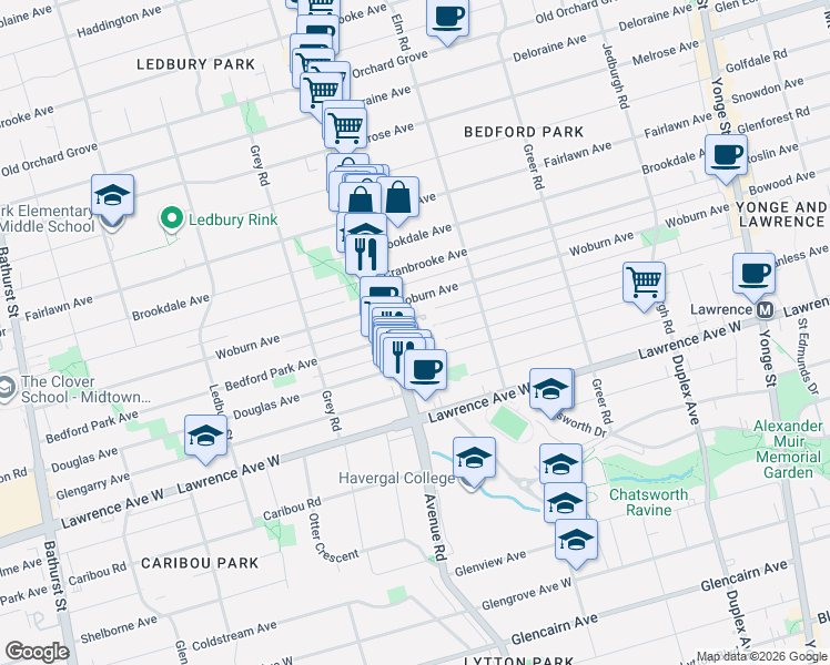 map of restaurants, bars, coffee shops, grocery stores, and more near 40 Sylvan Valleyway in Toronto