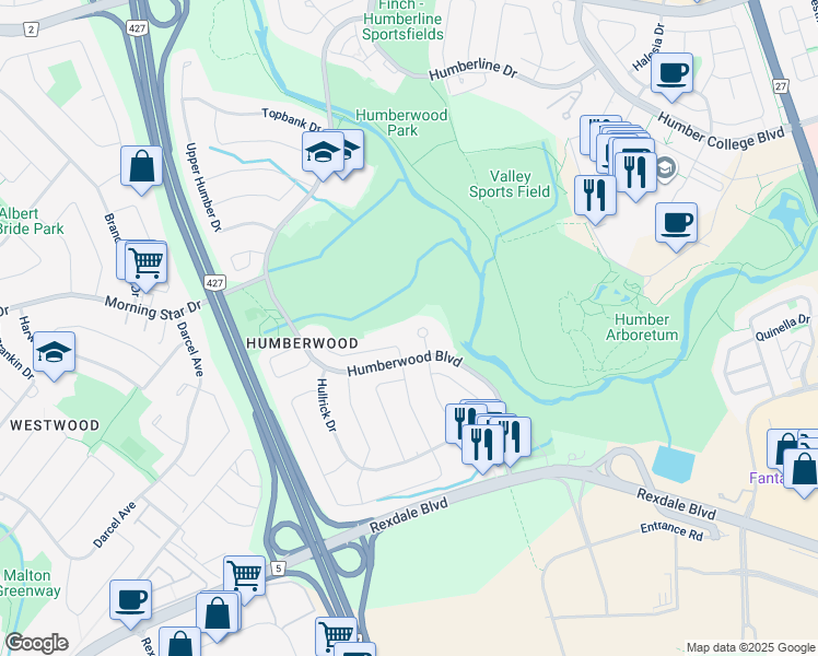 map of restaurants, bars, coffee shops, grocery stores, and more near 700 Humberwood Boulevard in Toronto