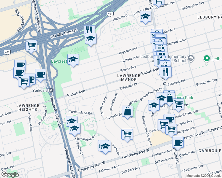 map of restaurants, bars, coffee shops, grocery stores, and more near in Toronto