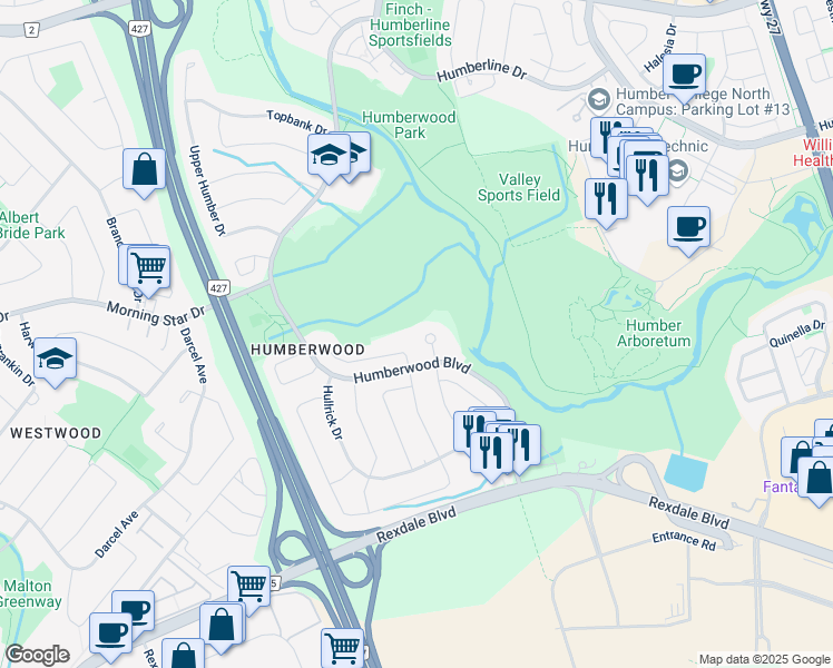 map of restaurants, bars, coffee shops, grocery stores, and more near 700 Humberwood Boulevard in Toronto
