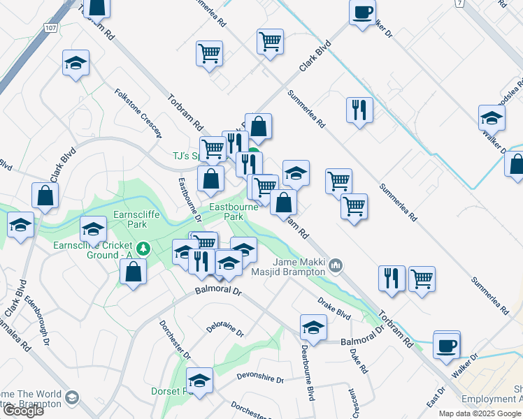 map of restaurants, bars, coffee shops, grocery stores, and more near in Brampton