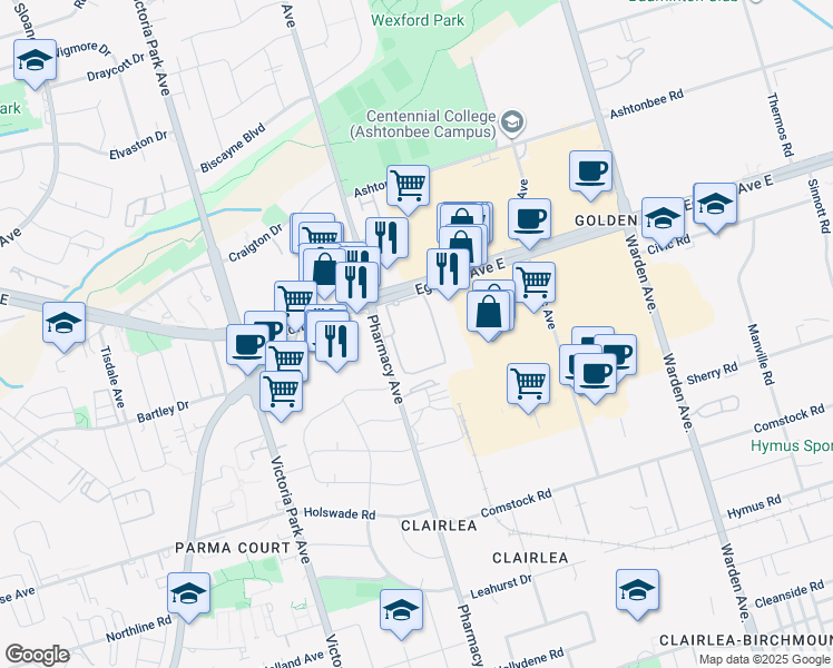 map of restaurants, bars, coffee shops, grocery stores, and more near 1891 Eglinton Avenue East in Toronto