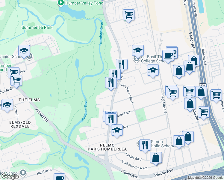 map of restaurants, bars, coffee shops, grocery stores, and more near 2920 Weston Road in Toronto