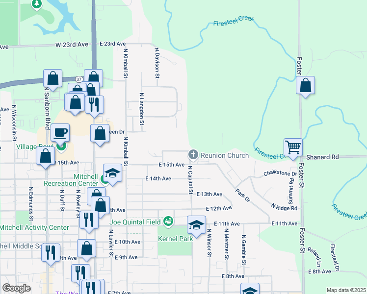 map of restaurants, bars, coffee shops, grocery stores, and more near 608 East 16th Avenue in Mitchell