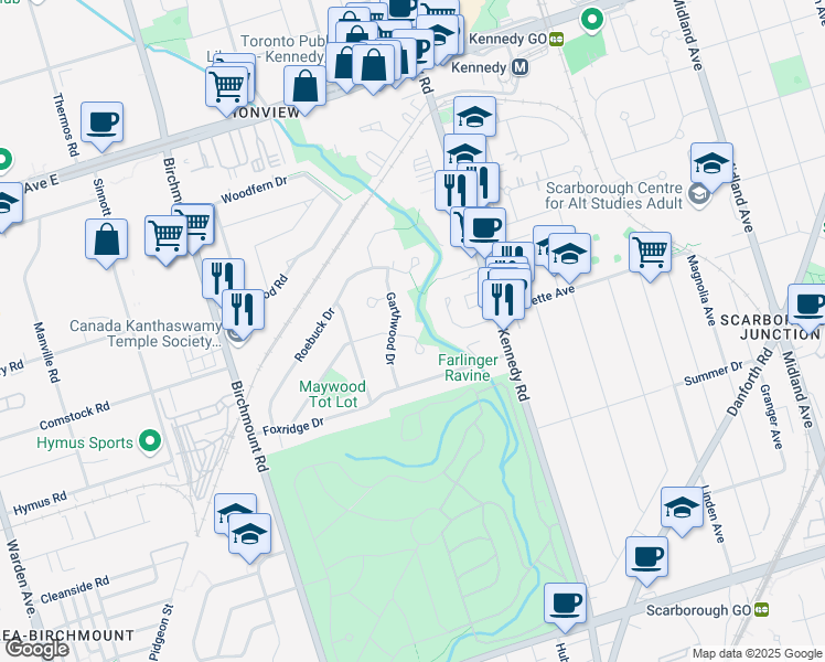 map of restaurants, bars, coffee shops, grocery stores, and more near 84 Maywood Park in Toronto
