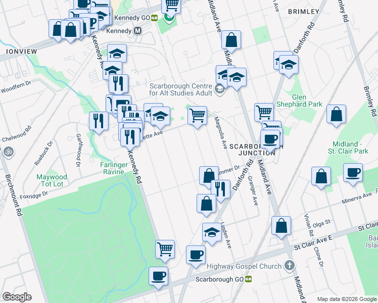 map of restaurants, bars, coffee shops, grocery stores, and more near 129 Brenda Crescent in Toronto
