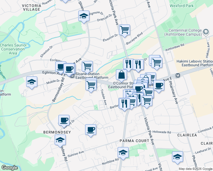 map of restaurants, bars, coffee shops, grocery stores, and more near 1785 Eglinton Avenue East in Toronto