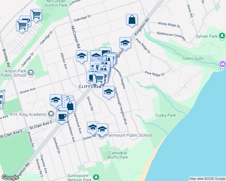 map of restaurants, bars, coffee shops, grocery stores, and more near 70 Scarborough Heights Boulevard in Toronto