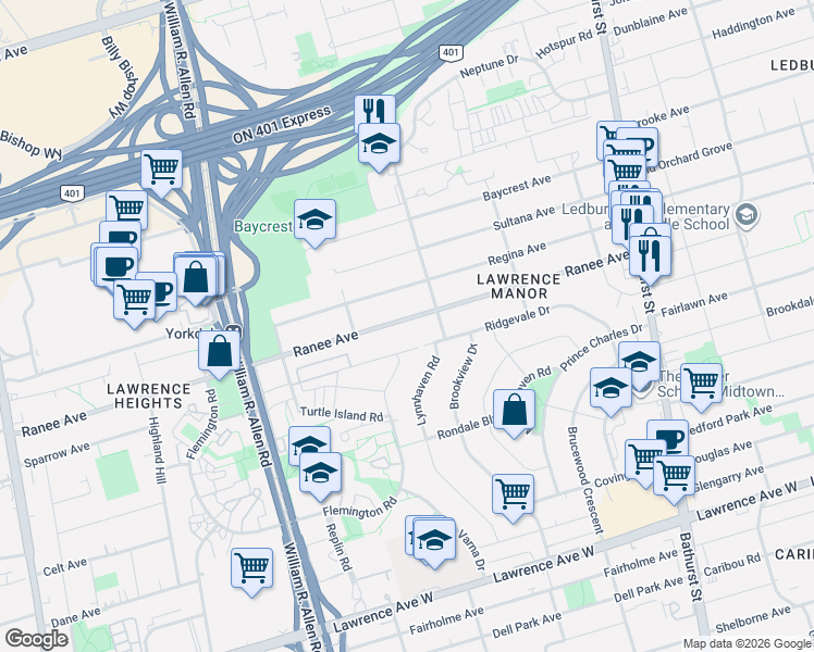 map of restaurants, bars, coffee shops, grocery stores, and more near 139 Ranee Avenue in Toronto