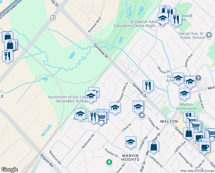map of restaurants, bars, coffee shops, grocery stores, and more near 7790 Kittridge Drive in Mississauga