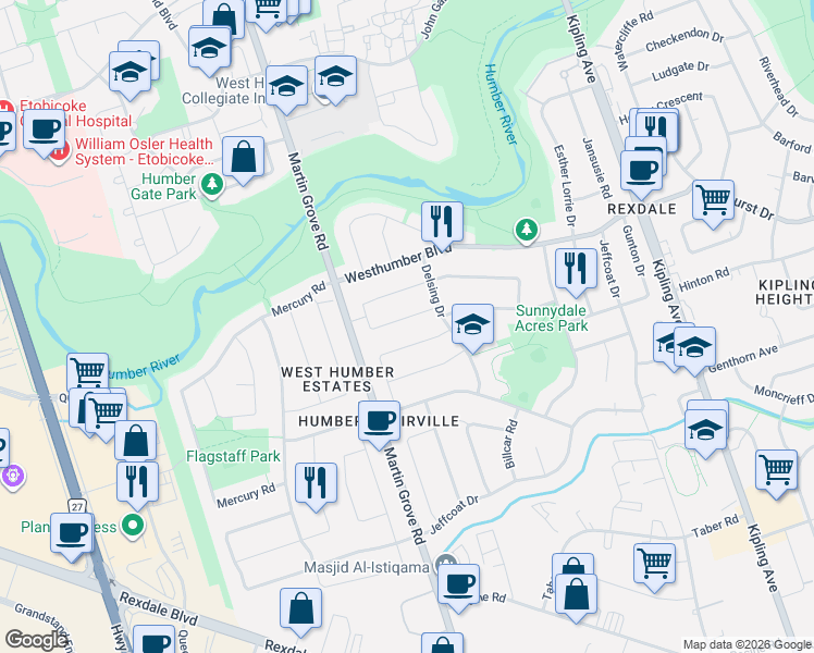 map of restaurants, bars, coffee shops, grocery stores, and more near in Toronto