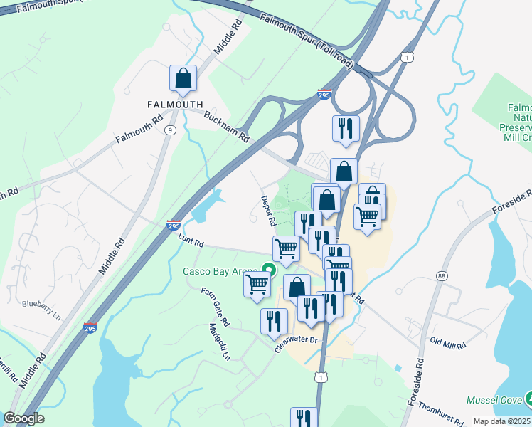 map of restaurants, bars, coffee shops, grocery stores, and more near 76 Depot Road in Falmouth