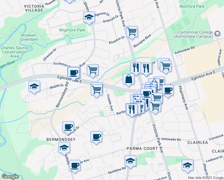 map of restaurants, bars, coffee shops, grocery stores, and more near in Toronto