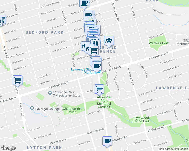 map of restaurants, bars, coffee shops, grocery stores, and more near 3082 Yonge Street in Toronto