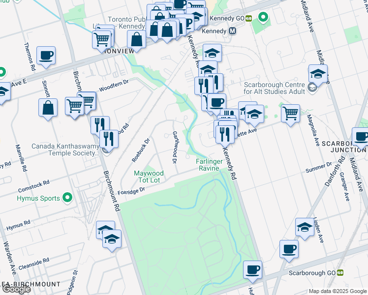 map of restaurants, bars, coffee shops, grocery stores, and more near 84 Maywood Park in Toronto