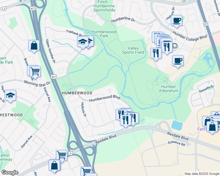 map of restaurants, bars, coffee shops, grocery stores, and more near 710 Humberwood Boulevard in Toronto
