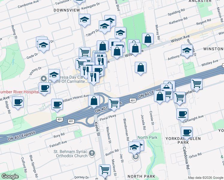 map of restaurants, bars, coffee shops, grocery stores, and more near 95 George Appleton Way in Toronto