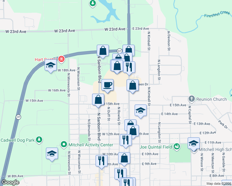 map of restaurants, bars, coffee shops, grocery stores, and more near 206 West 15th Avenue in Mitchell