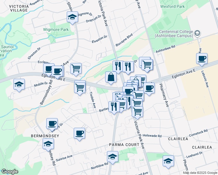 map of restaurants, bars, coffee shops, grocery stores, and more near Eglinton Avenue East in Toronto