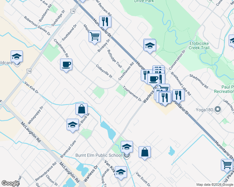 map of restaurants, bars, coffee shops, grocery stores, and more near 114 Pappain Crescent in Brampton