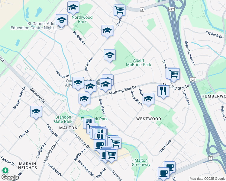 map of restaurants, bars, coffee shops, grocery stores, and more near 3639 Corliss Crescent in Mississauga