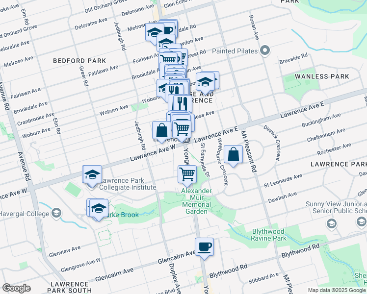 map of restaurants, bars, coffee shops, grocery stores, and more near 3030 Yonge Street in Toronto