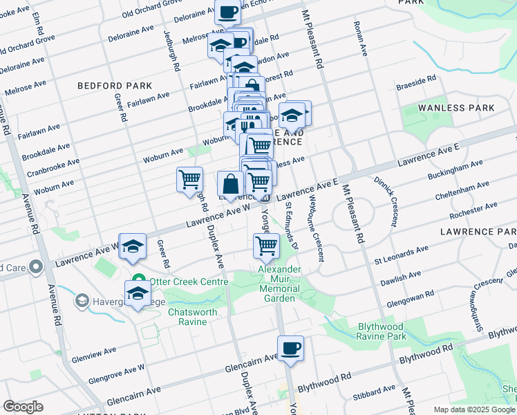 map of restaurants, bars, coffee shops, grocery stores, and more near 3050 Yonge Street in Toronto