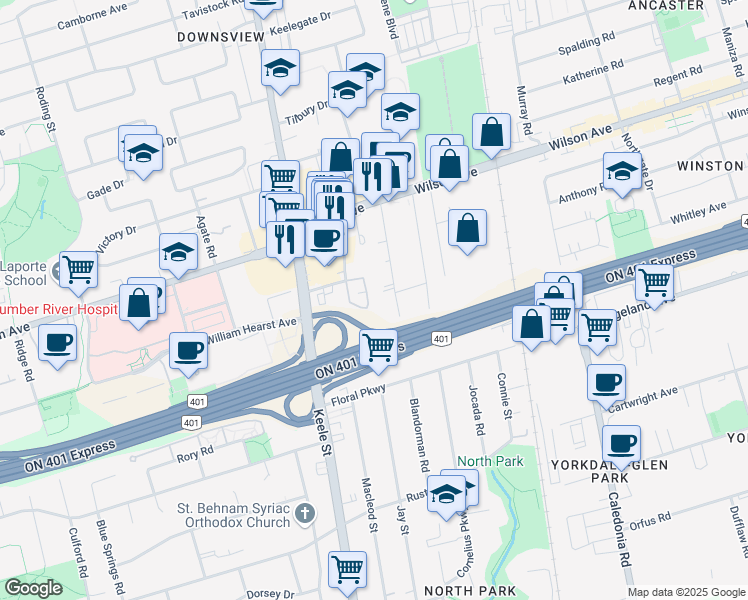 map of restaurants, bars, coffee shops, grocery stores, and more near in Toronto