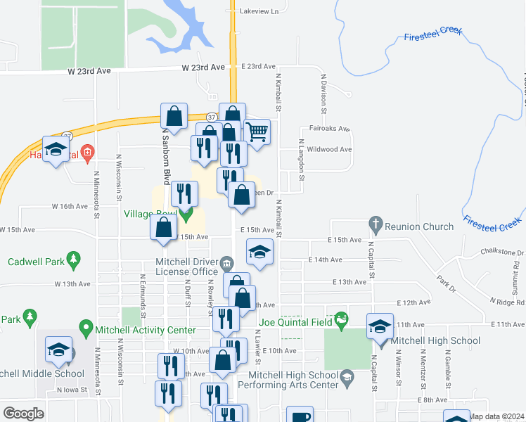 map of restaurants, bars, coffee shops, grocery stores, and more near 200 East 15th Avenue in Mitchell