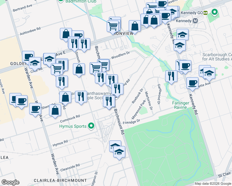 map of restaurants, bars, coffee shops, grocery stores, and more near 739 Birchmount Road in Toronto
