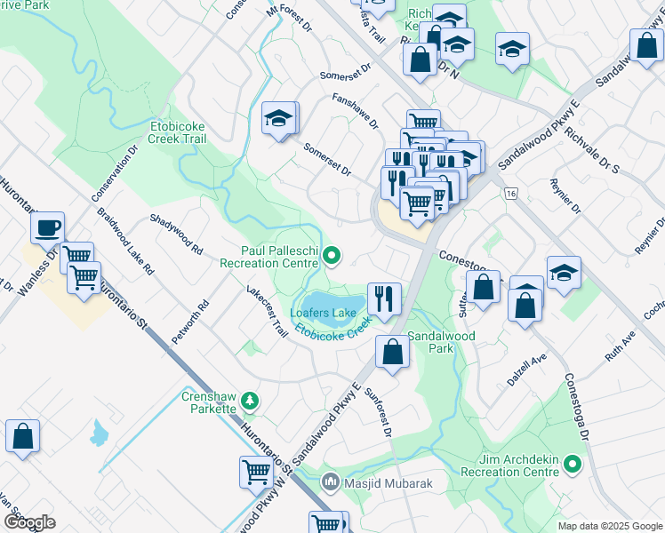map of restaurants, bars, coffee shops, grocery stores, and more near 30 Loafers Lake Lane in Brampton