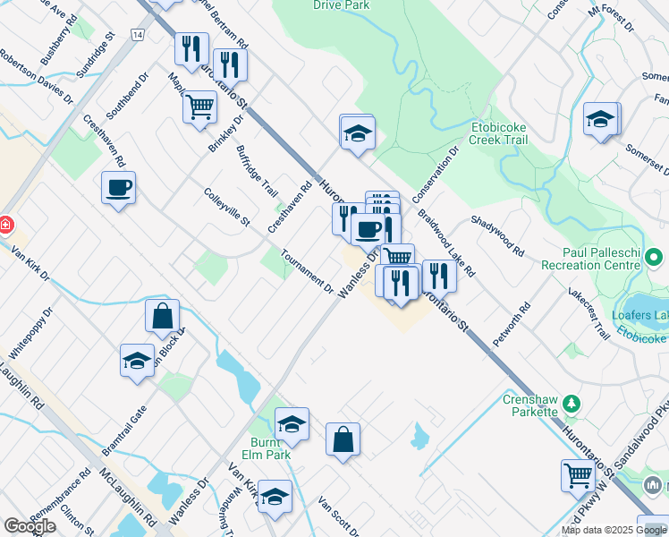 map of restaurants, bars, coffee shops, grocery stores, and more near 10 Bentgrass Lane in Brampton