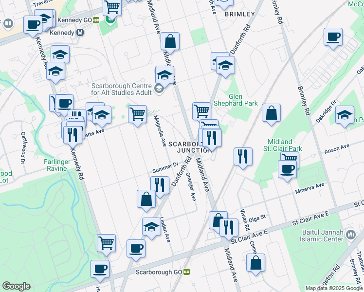 map of restaurants, bars, coffee shops, grocery stores, and more near 91 Granger Avenue in Toronto