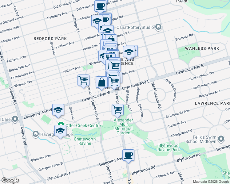 map of restaurants, bars, coffee shops, grocery stores, and more near 3050 Yonge Street in Toronto