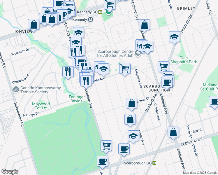 map of restaurants, bars, coffee shops, grocery stores, and more near 95 Hart Avenue in Toronto