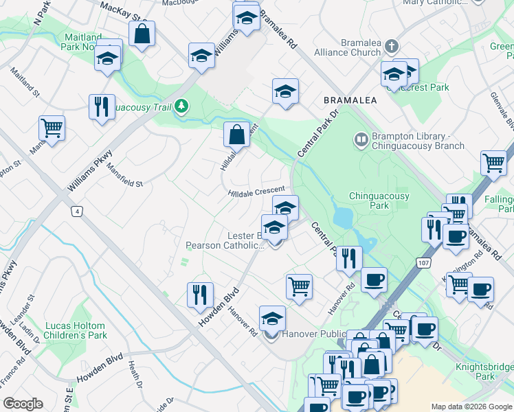 map of restaurants, bars, coffee shops, grocery stores, and more near 6 Hector Court in Brampton