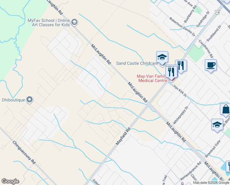 map of restaurants, bars, coffee shops, grocery stores, and more near 2412 Mayfield Road in Regional Municipality of Peel