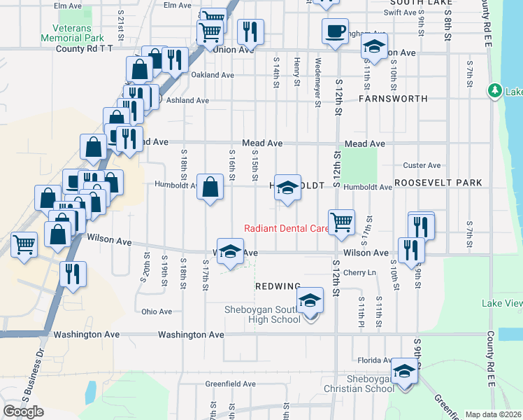 map of restaurants, bars, coffee shops, grocery stores, and more near 2801 S 15th St in Sheboygan