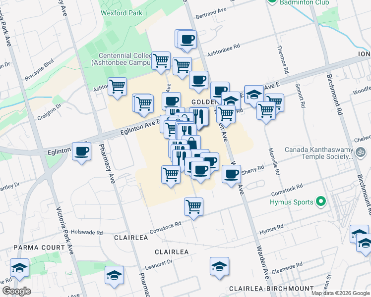 map of restaurants, bars, coffee shops, grocery stores, and more near 826 Warden Avenue in Toronto