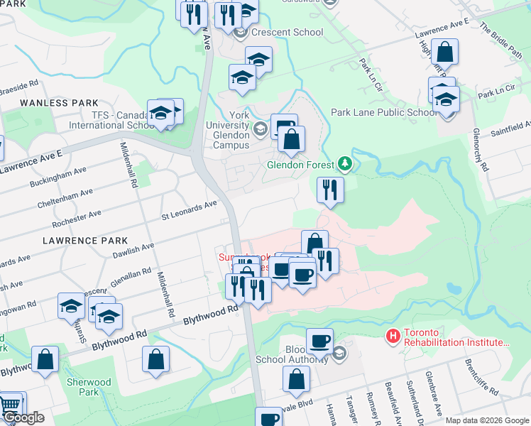 map of restaurants, bars, coffee shops, grocery stores, and more near 11 Valleyanna Drive in Toronto