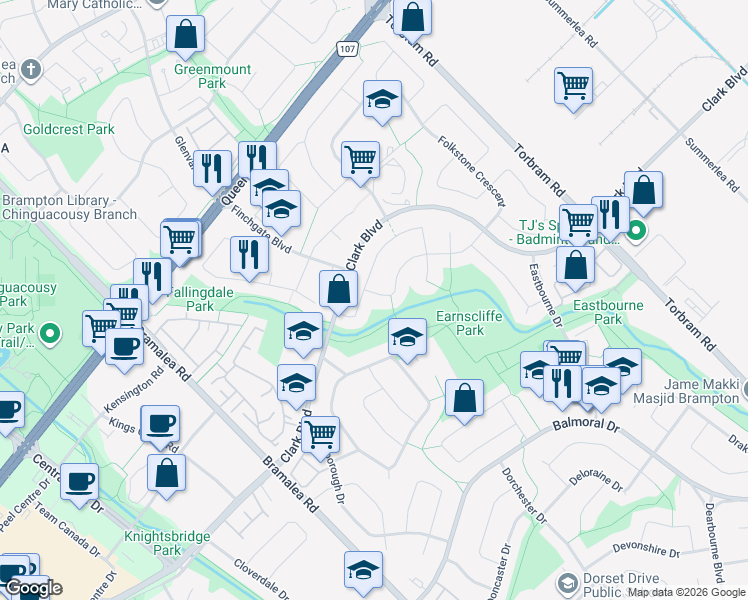 map of restaurants, bars, coffee shops, grocery stores, and more near 4 Elrose Road in Brampton