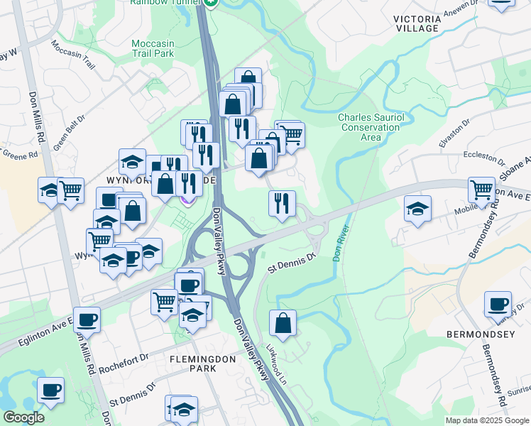 map of restaurants, bars, coffee shops, grocery stores, and more near 175 Wynford Drive in Toronto