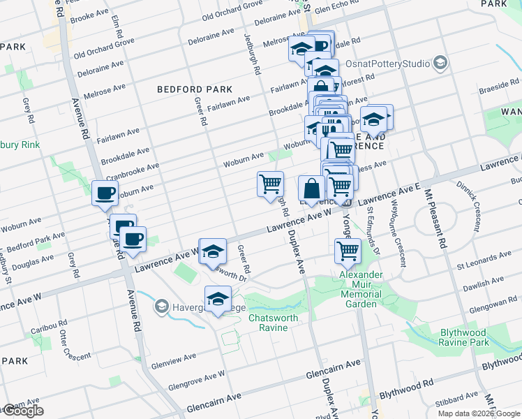 map of restaurants, bars, coffee shops, grocery stores, and more near 52 Glengarry Avenue in Toronto