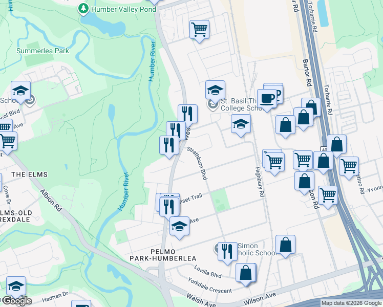 map of restaurants, bars, coffee shops, grocery stores, and more near 136 Strathburn Boulevard in Toronto