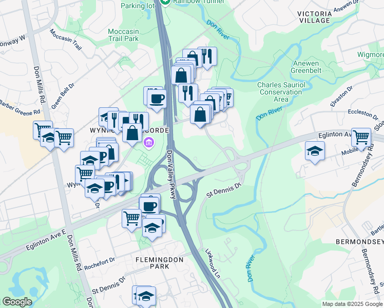 map of restaurants, bars, coffee shops, grocery stores, and more near 181 Wynford Drive in Toronto