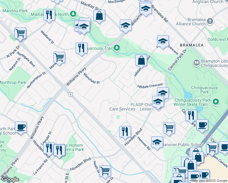 map of restaurants, bars, coffee shops, grocery stores, and more near 17 Crescent Hill Drive South in Brampton